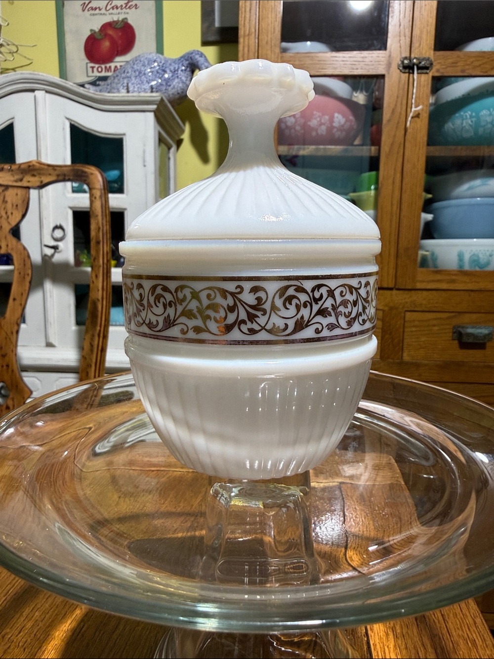 Avon Milk Glass vanity jar with Gold Scroll Band